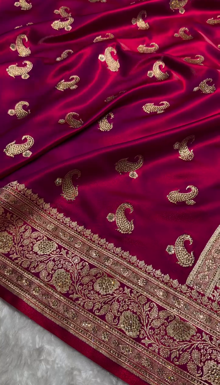 Deep Ruby Red Banarasi Silk Saree with Antique Gold Paisley Zari Work