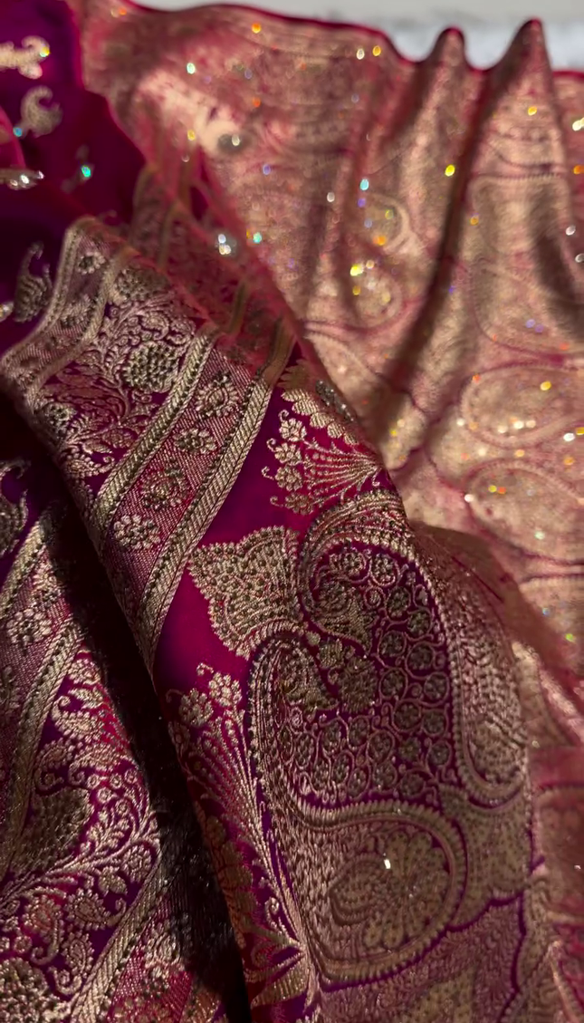 Deep Ruby Red Banarasi Silk Saree with Antique Gold Paisley Zari Work