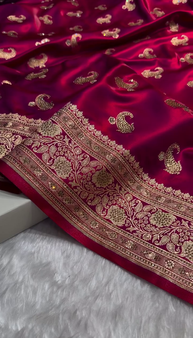 Deep Ruby Red Banarasi Silk Saree with Antique Gold Paisley Zari Work