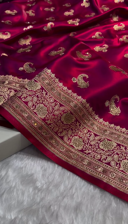 Deep Ruby Red Banarasi Silk Saree with Antique Gold Paisley Zari Work