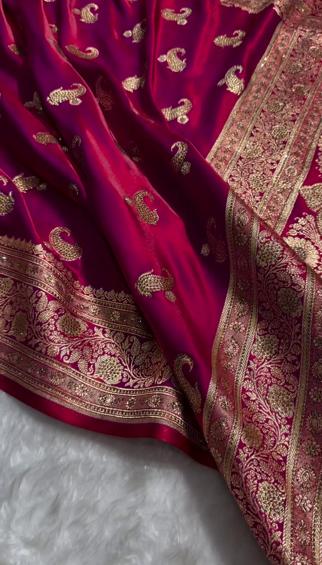 Deep Ruby Red Banarasi Silk Saree with Antique Gold Paisley Zari Work