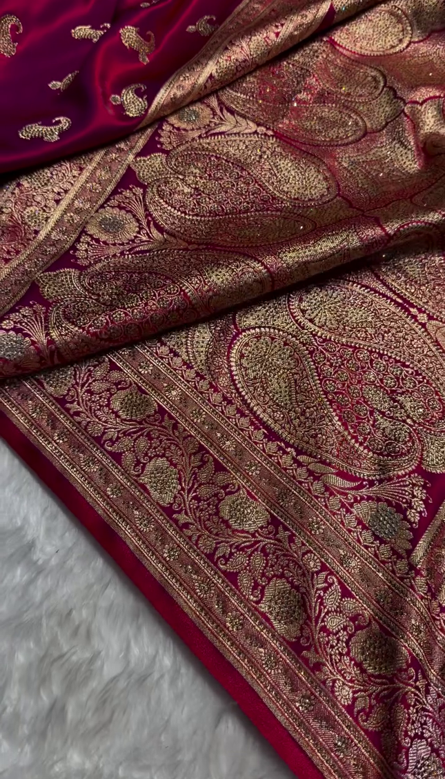Deep Ruby Red Banarasi Silk Saree with Antique Gold Paisley Zari Work