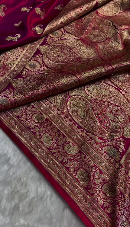 Deep Ruby Red Banarasi Silk Saree with Antique Gold Paisley Zari Work