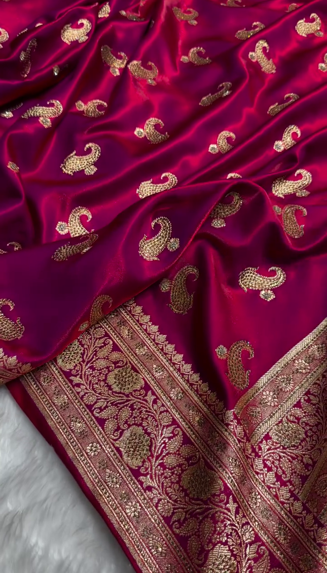 Deep Ruby Red Banarasi Silk Saree with Antique Gold Paisley Zari Work