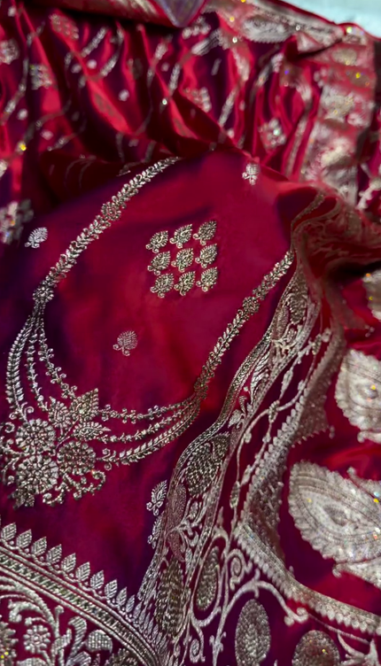 Regal Crimson Red Banarasi Silk Saree with Antique Gold Bridal Zari Work