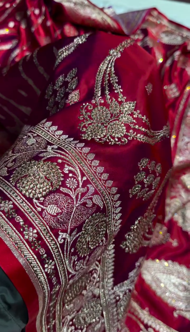 Regal Crimson Red Banarasi Silk Saree with Antique Gold Bridal Zari Work