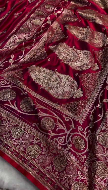 Regal Crimson Red Banarasi Silk Saree with Antique Gold Bridal Zari Work