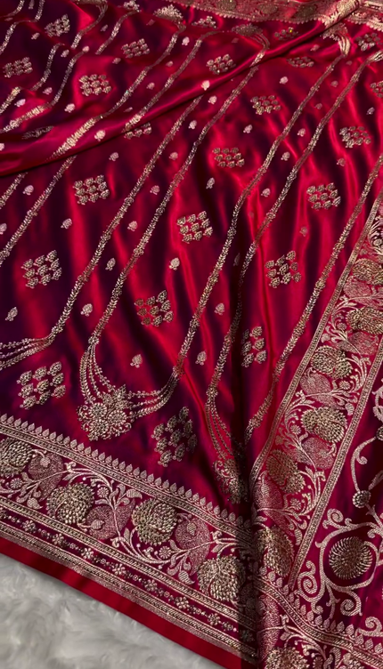 Regal Crimson Red Banarasi Silk Saree with Antique Gold Bridal Zari Work