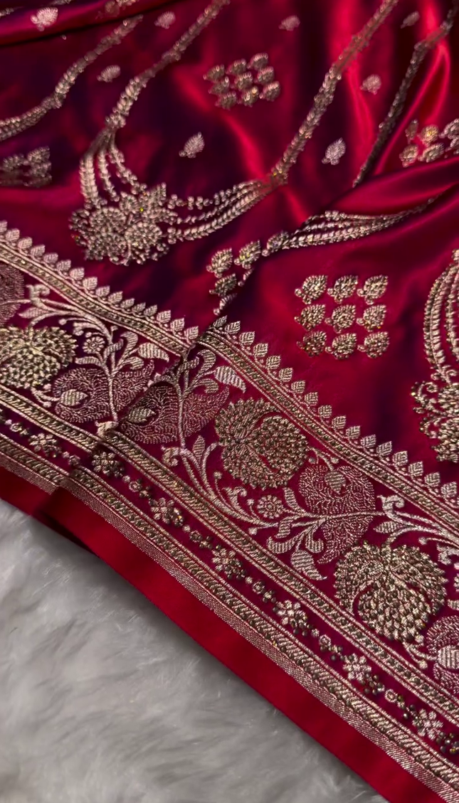 Regal Crimson Red Banarasi Silk Saree with Antique Gold Bridal Zari Work