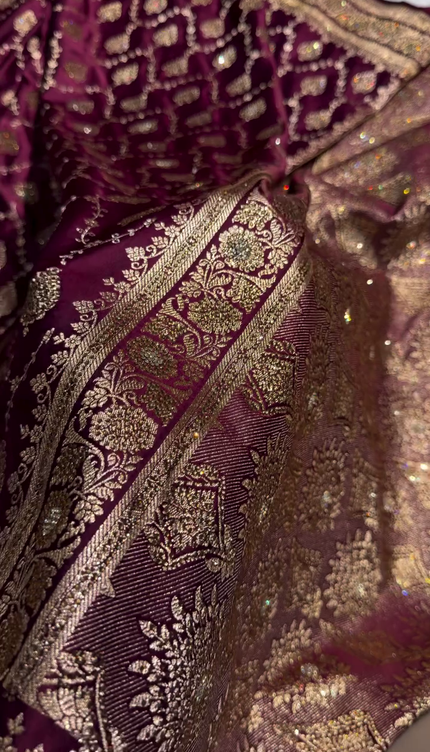 Royal Wine Purple Banarasi Silk Saree with Antique Gold Zari Jaal Work