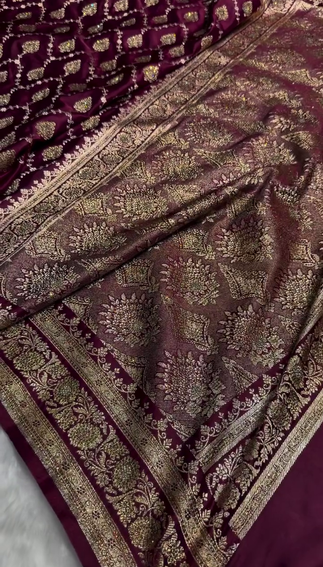 Royal Wine Purple Banarasi Silk Saree with Antique Gold Zari Jaal Work