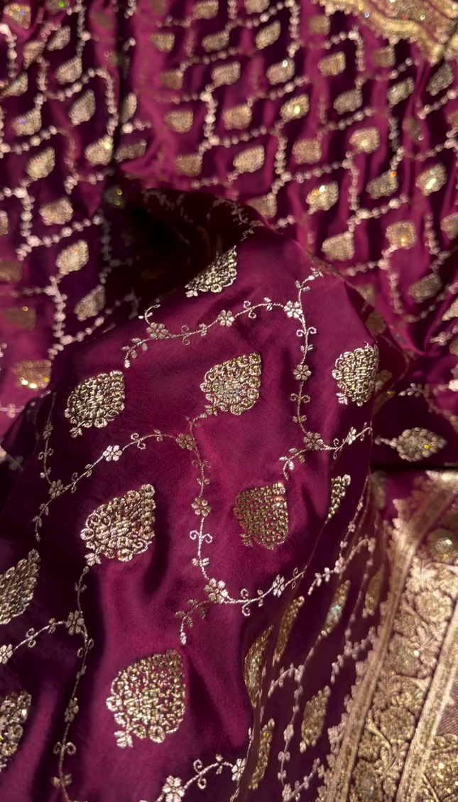 Royal Wine Purple Banarasi Silk Saree with Antique Gold Zari Jaal Work