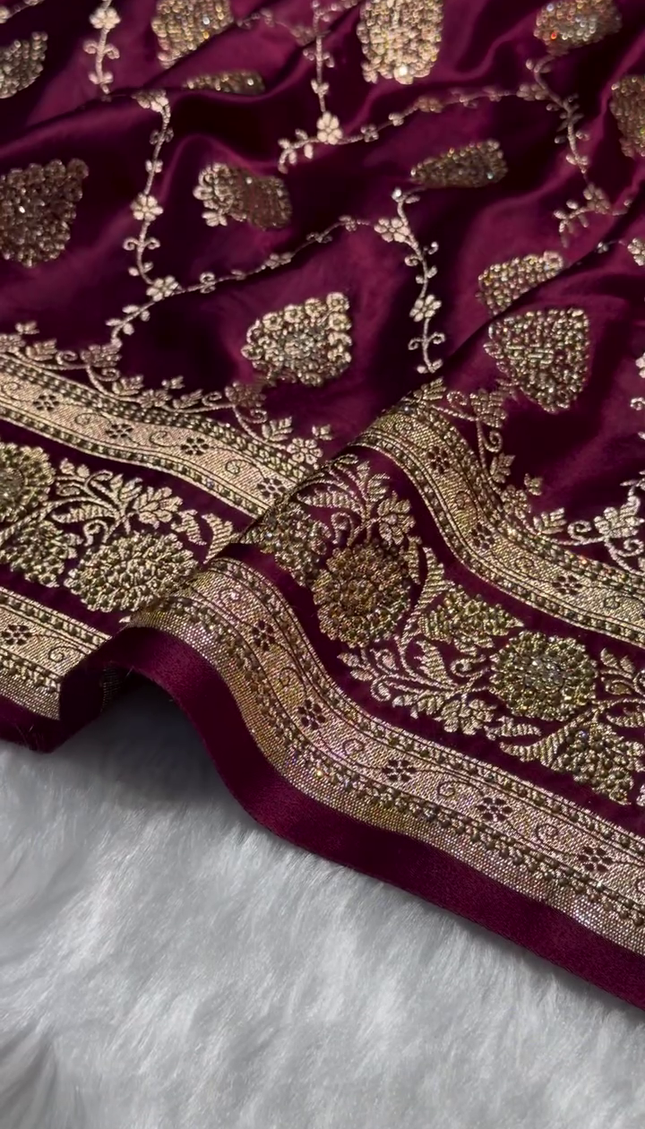 Royal Wine Purple Banarasi Silk Saree with Antique Gold Zari Jaal Work