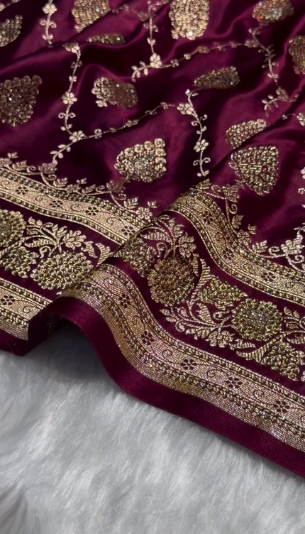 Royal Wine Purple Banarasi Silk Saree with Antique Gold Zari Jaal Work