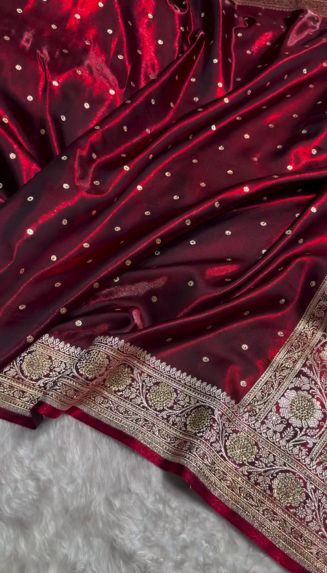 Royal Maroon Banarasi Silk Saree with Antique Gold Dot Butti