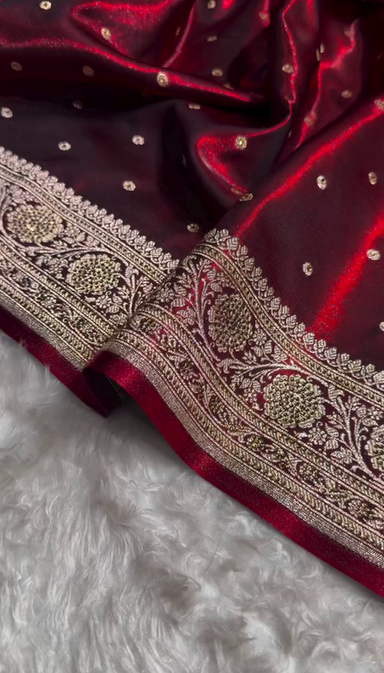 Royal Maroon Banarasi Silk Saree with Antique Gold Dot Butti
