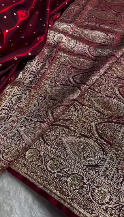 Royal Maroon Banarasi Silk Saree with Antique Gold Dot Butti