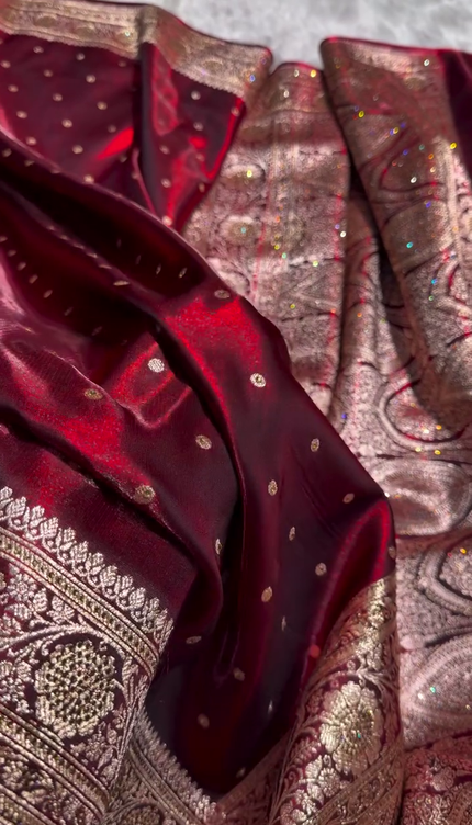 Royal Maroon Banarasi Silk Saree with Antique Gold Dot Butti