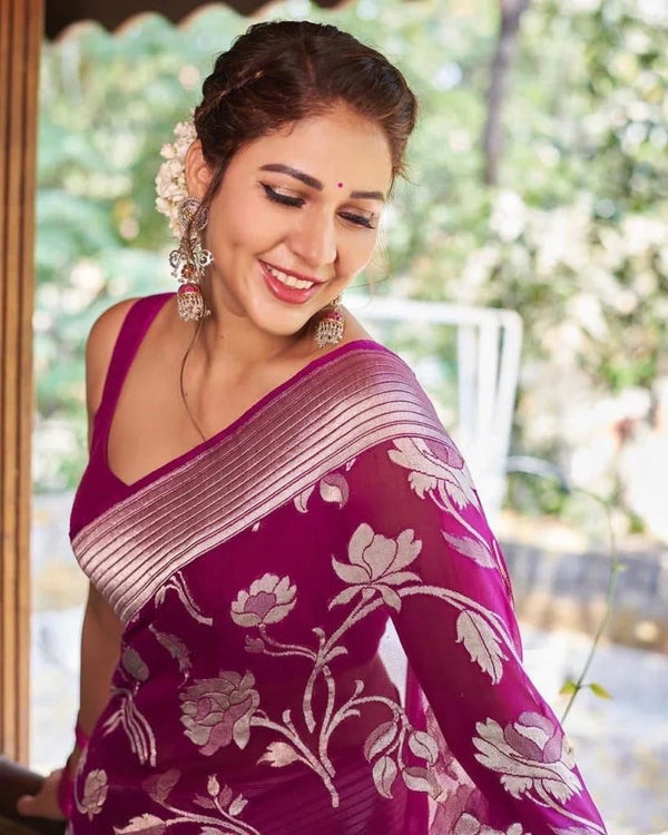 Sitara - Purple Banarasi Silk Saree with Jacquard Weave and Matching Blouse