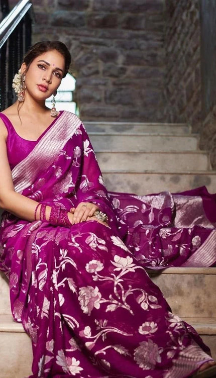 Sitara - Purple Banarasi Silk Saree with Jacquard Weave and Matching Blouse