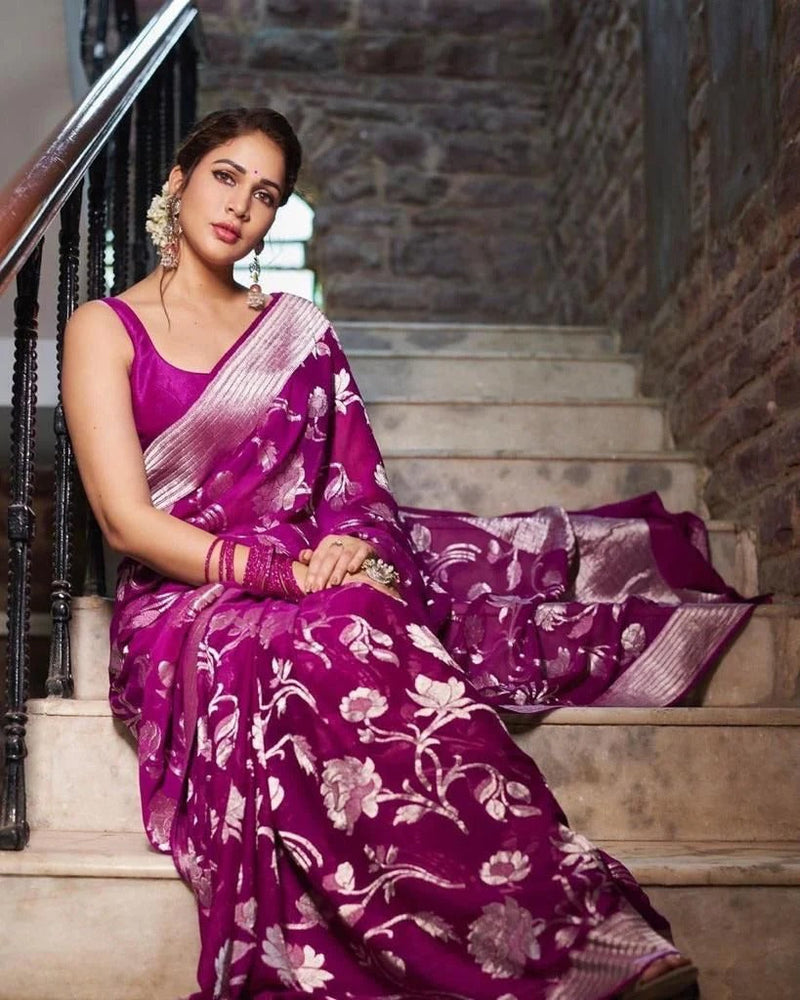 Sitara - Purple Banarasi Silk Saree with Jacquard Weave and Matching Blouse