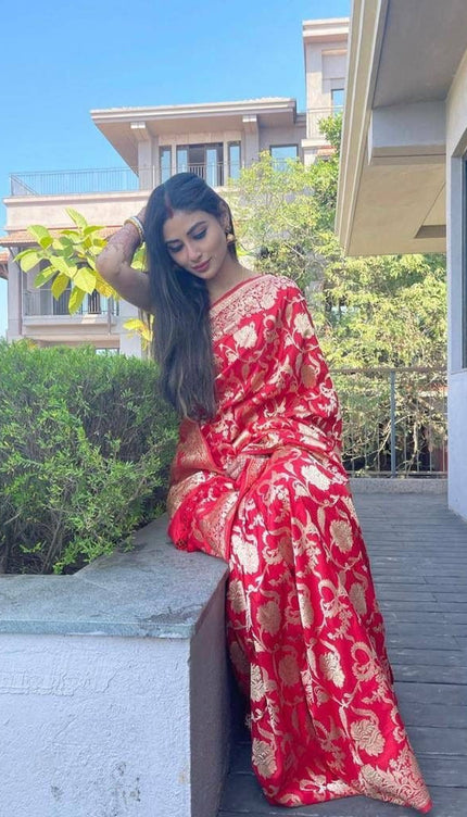 Shantibai – Red Soft Banarasi Silk Saree with Jacquard Weaving