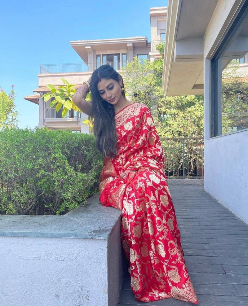 Shantibai – Red Soft Banarasi Silk Saree with Jacquard Weaving