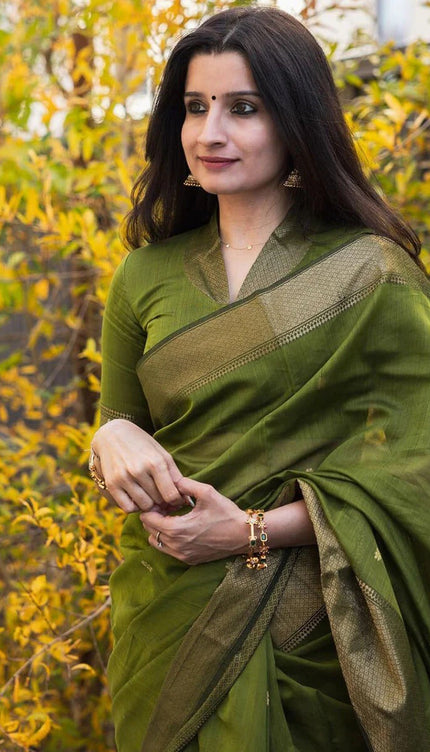 Kamini – Green Linen Silk Saree with Jacquard Weaving Detail