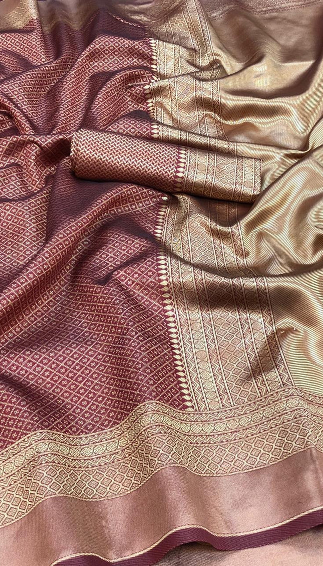 Rambha - Wine Soft Banarasi Silk Saree with Classic Jacquard Weaving
