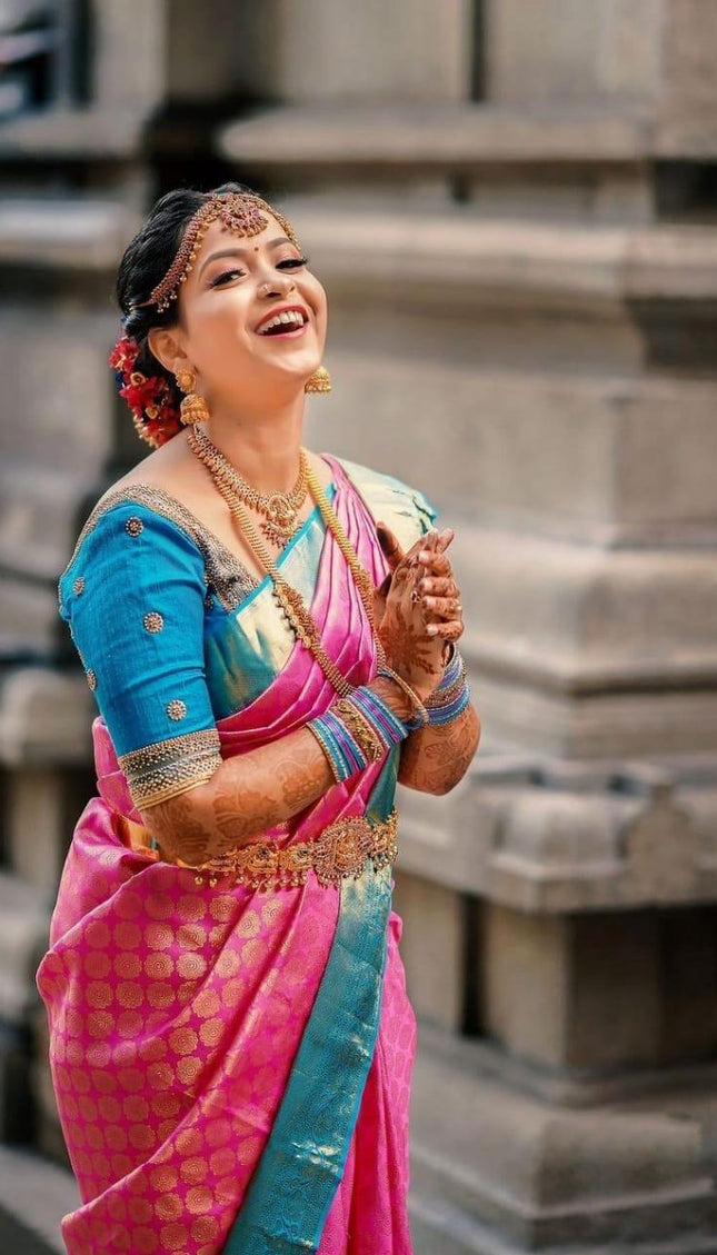 Bhavika - Dark Pink Banarasi Silk Saree with Jacquard Weaving & Firozi Blouse