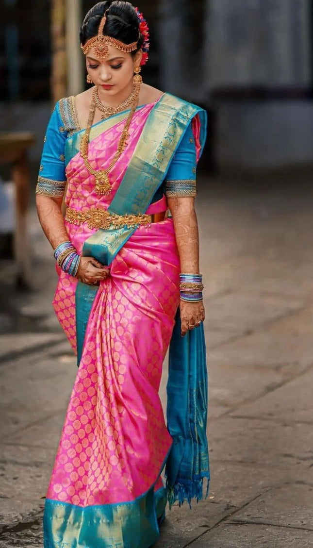 Bhavika - Dark Pink Banarasi Silk Saree with Jacquard Weaving & Firozi Blouse