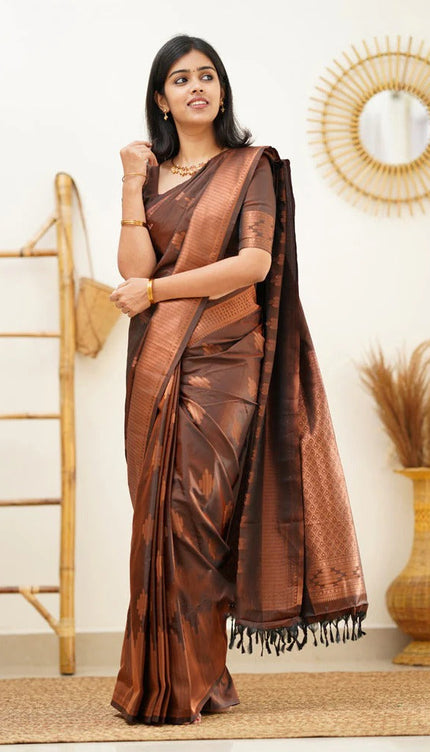 Maruti - Brown Soft Silk Saree with Jacquard Woven Border