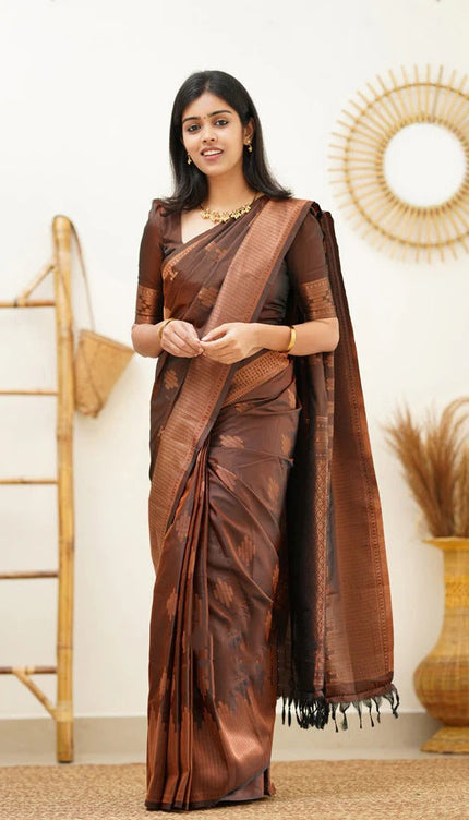 Maruti - Brown Soft Silk Saree with Jacquard Woven Border