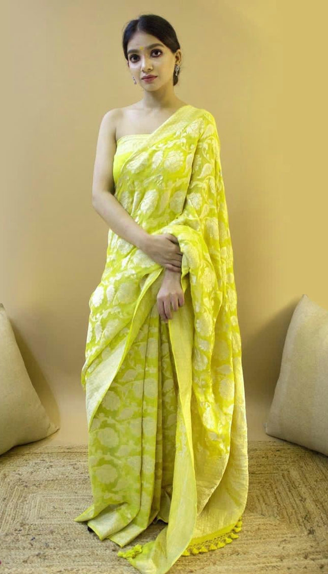 Devanshi - Yellow Soft Silk Saree with Self-Jacquard Weaving and Tassel Border