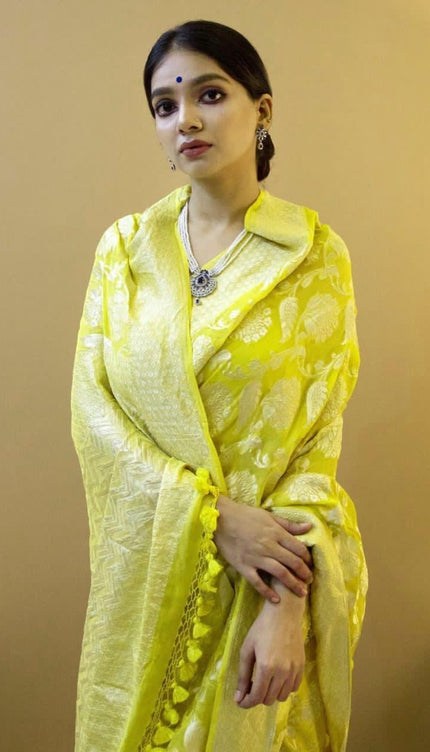 Devanshi - Yellow Soft Silk Saree with Self-Jacquard Weaving and Tassel Border
