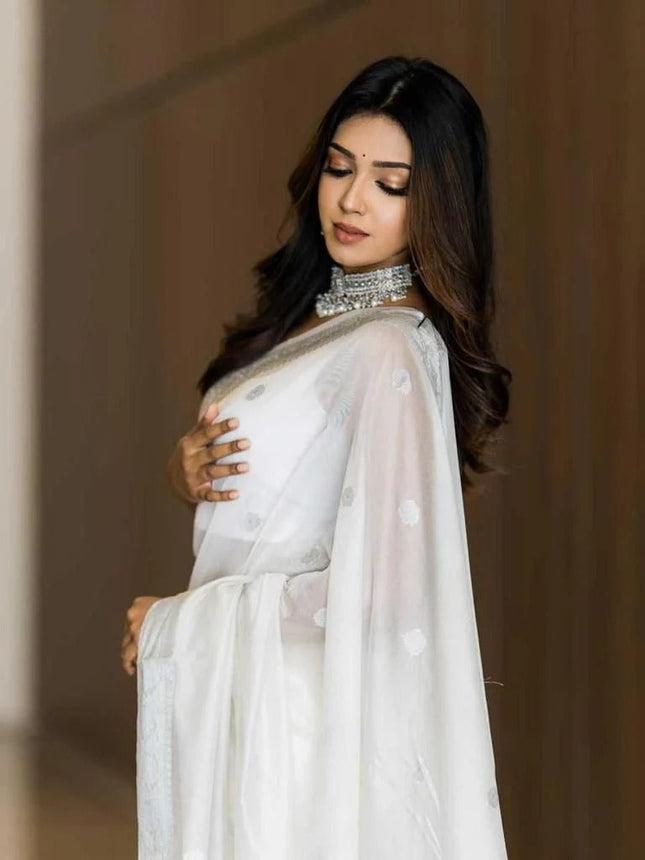Samaira - White Soft Silk Saree with Subtle Jacquard and Matching Blouse