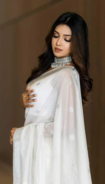 Samaira - White Soft Silk Saree with Subtle Jacquard and Matching Blouse