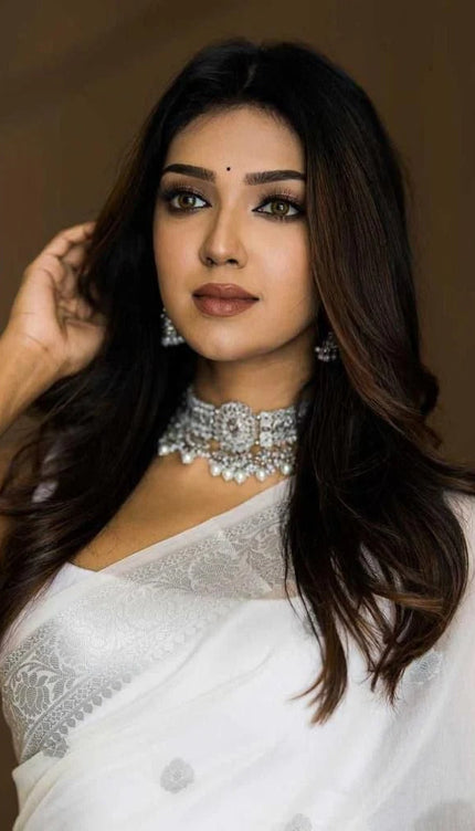 Samaira - White Soft Silk Saree with Subtle Jacquard and Matching Blouse