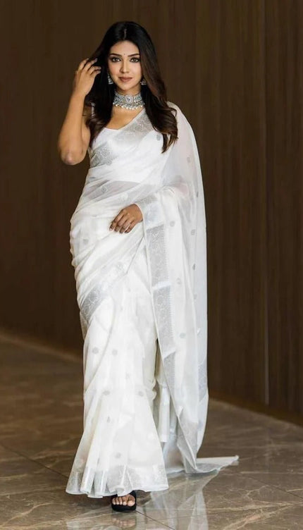 Samaira - White Soft Silk Saree with Subtle Jacquard and Matching Blouse