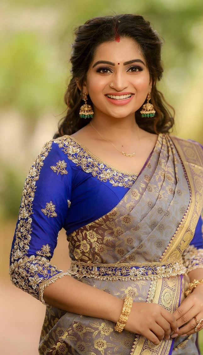 Annapurna - Grey Soft Silk Saree with Jacquard Work and Blue Blouse