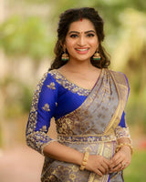 Annapurna - Grey Soft Silk Saree with Jacquard Work and Blue Blouse
