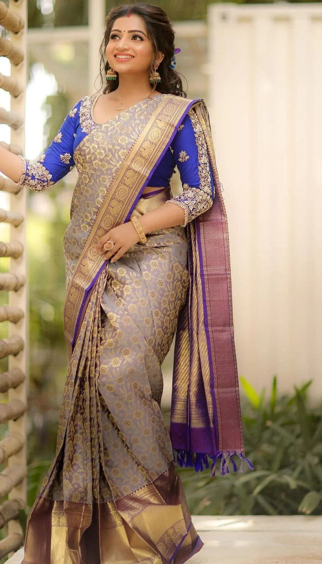 Annapurna - Grey Soft Silk Saree with Jacquard Work and Blue Blouse