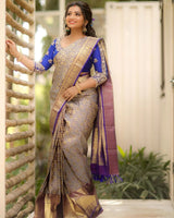Annapurna - Grey Soft Silk Saree with Jacquard Work and Blue Blouse
