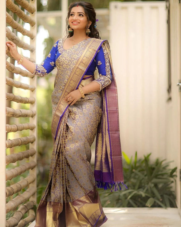 Annapurna - Grey Soft Silk Saree with Jacquard Work and Blue Blouse
