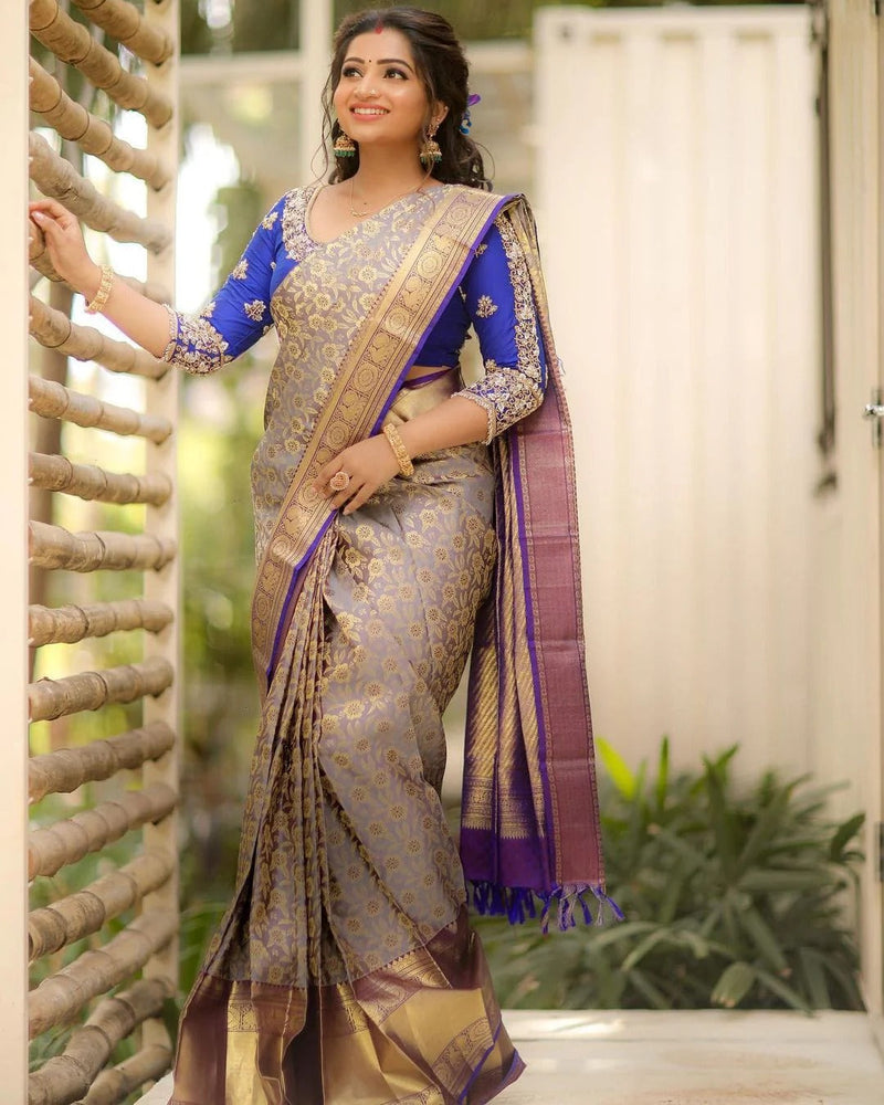 Annapurna - Grey Soft Silk Saree with Jacquard Work and Blue Blouse