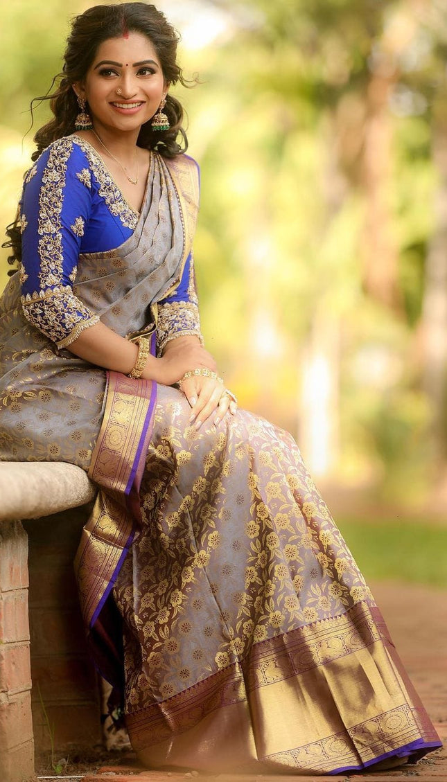 Annapurna - Grey Soft Silk Saree with Jacquard Work and Blue Blouse