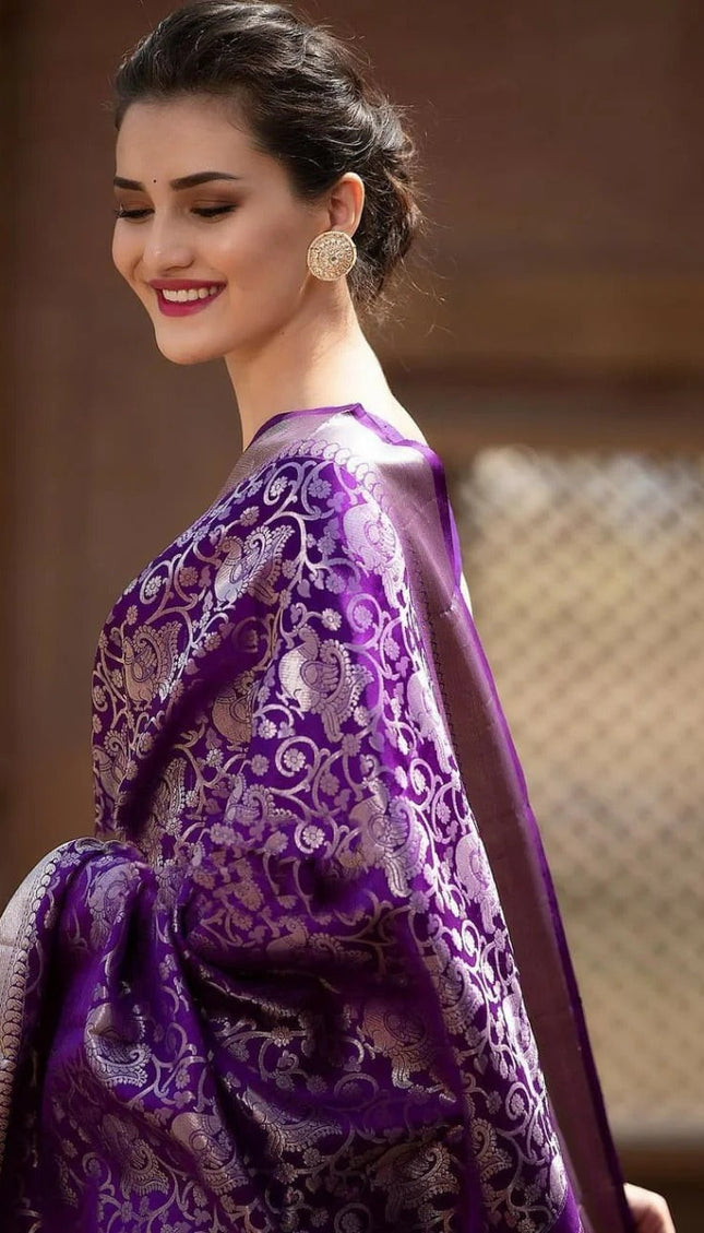 Varnika - Purple Banarasi Silk Saree with Rich Silver Jacquard and Matching Blouse