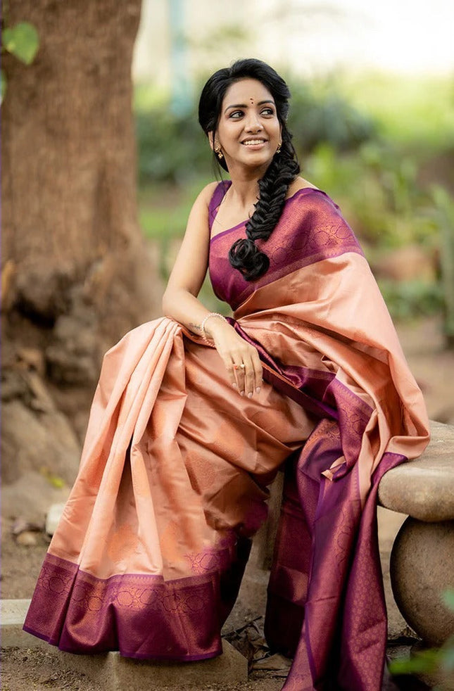 Kavya - Peach Soft Banarasi Silk Saree with Copper Jacquard Buttas