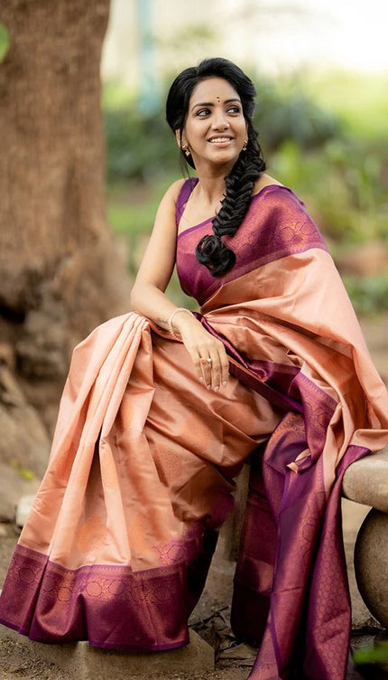 Kavya - Peach Soft Banarasi Silk Saree with Copper Jacquard Buttas