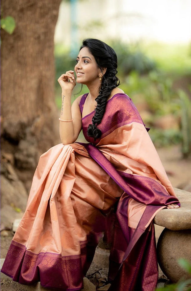 Kavya - Peach Soft Banarasi Silk Saree with Copper Jacquard Buttas